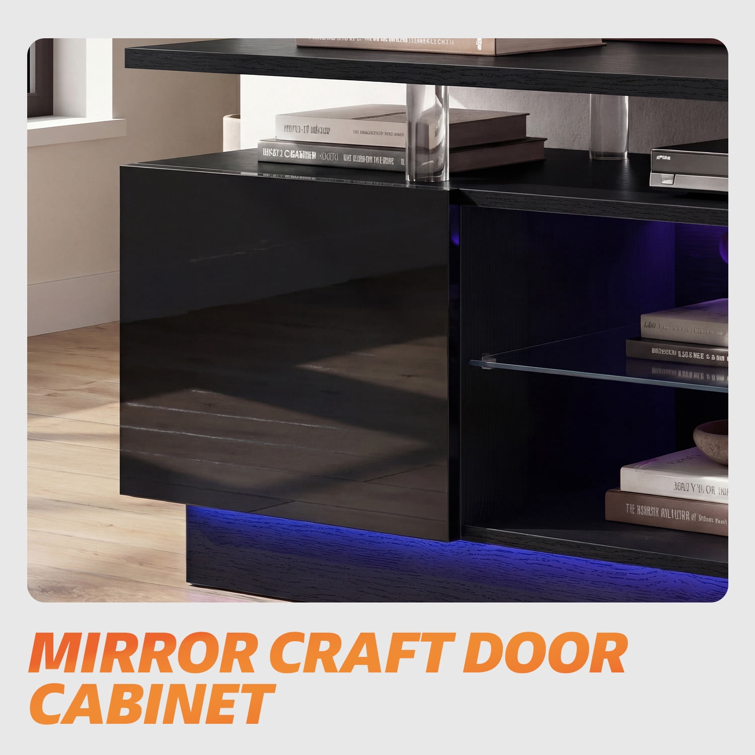 Sonegra 70” High-Glossy TV Stand with 2 Side Cabinets, Modern Stylish TV Console with 3 Layer LED Lights,Gaming TV Media Console with Adjustable Glass Shelf, Black