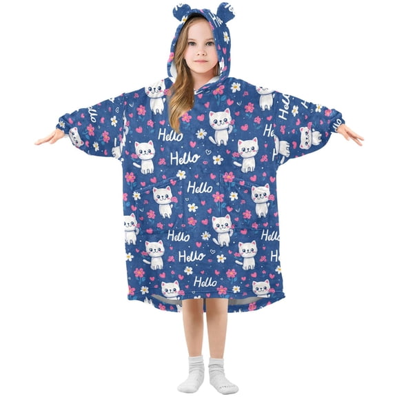 Wearable Blanket Hoodie for Kids Cute Flower Cat Flannel Hooded Blanket with Pockets and Sleeves Suitable for Boys and Girls