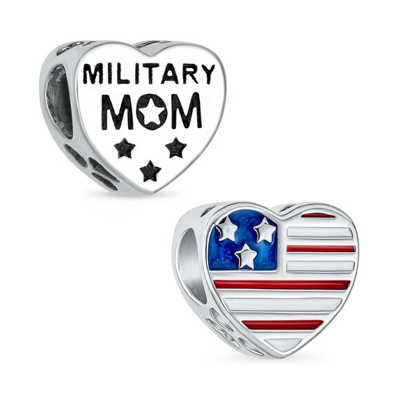 Bling Jewelry Womens Heart Shape USA Flag Military Mom Charm Bead Sterling Silver for Bracelet