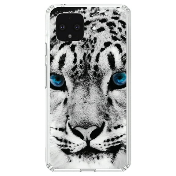 DistinctInk Clear Shockproof Hybrid Case for Google Pixel 4 XL (6.3" Screen) - TPU Bumper, Acrylic Back, Tempered Glass Screen Protector - Snow Leopard Blue Eyes - Animal Print