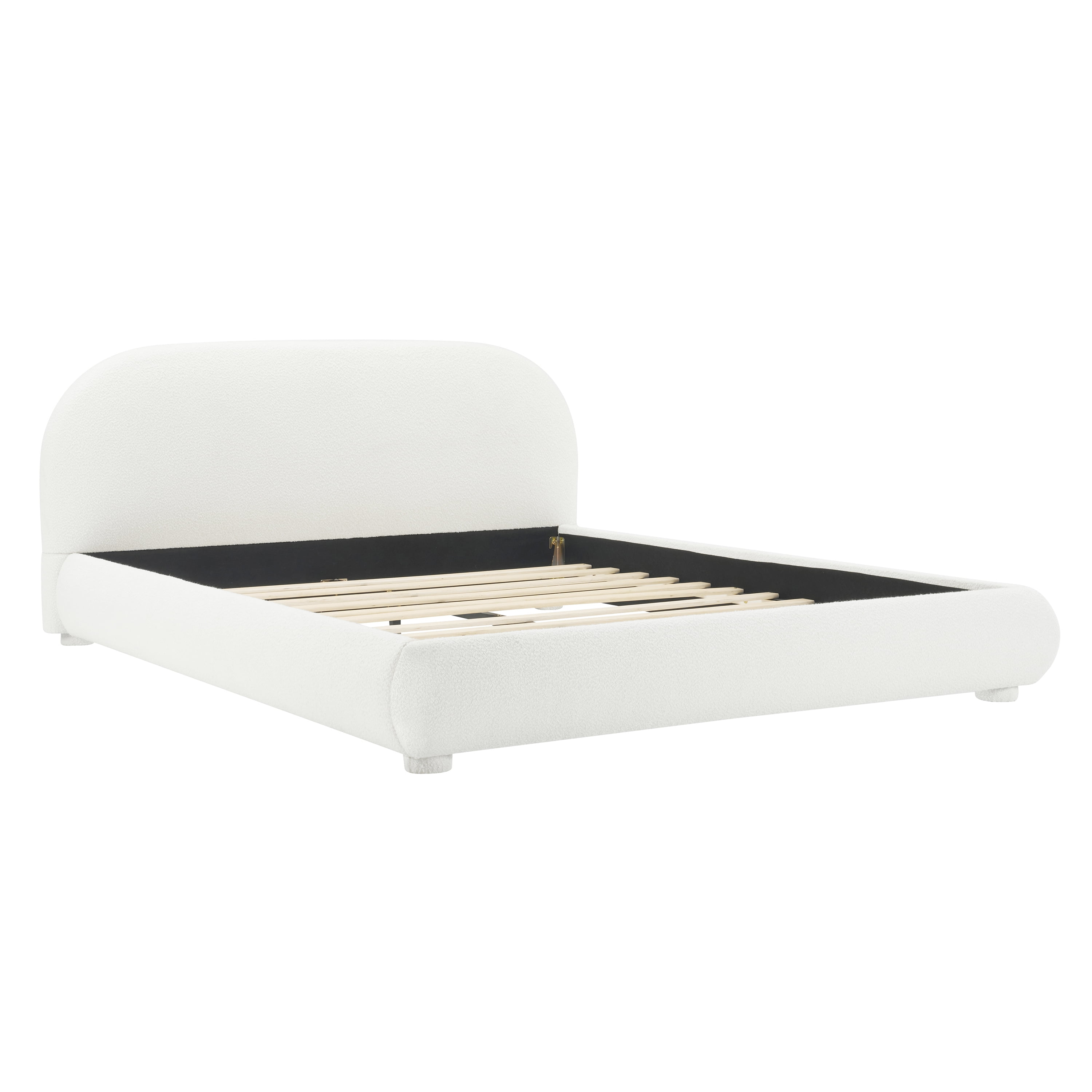 Noble House Queen Cream Style Upholstered Bed,Curved Textured Fabric Headboard with Solid Frame,Creamy White