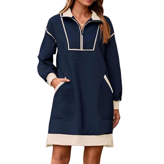 Women'S Oversized Sweatshirt Dress Half Zip V Neck Long Sleeve Contrast Fall Casual Mini Dresses Navy Blue M