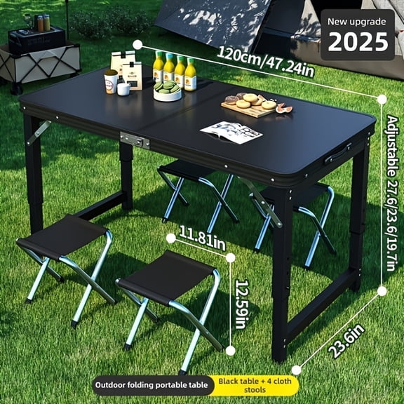 4ft Folding Table with 4 Chairs, Adjustable Height Portable Fold-In-Half Camping Picnic Table with Handle for Indoor Outdoor Use