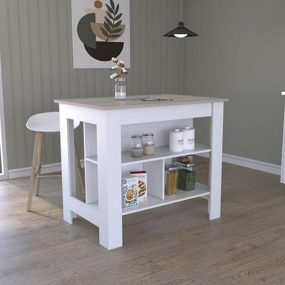 Cterwk Wood Kitchen Island with 3 Shelves, Light Gray   White