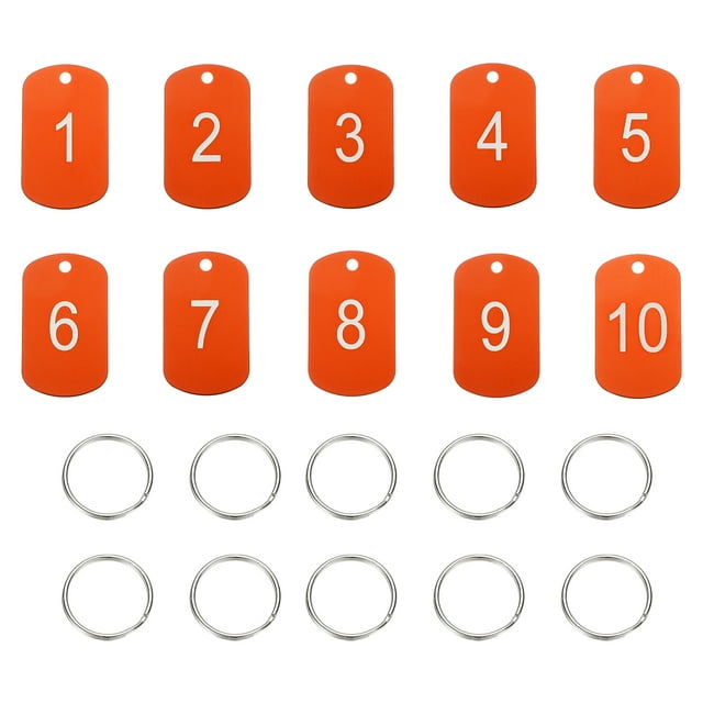 Uxcell 10PCS Number Tags 1-10, Number Key Tags Aluminum Numbered Keychain Metal Rectangle with Key Rings for Organizer Field Sales Hangers Clothes Labels ID, Orange
