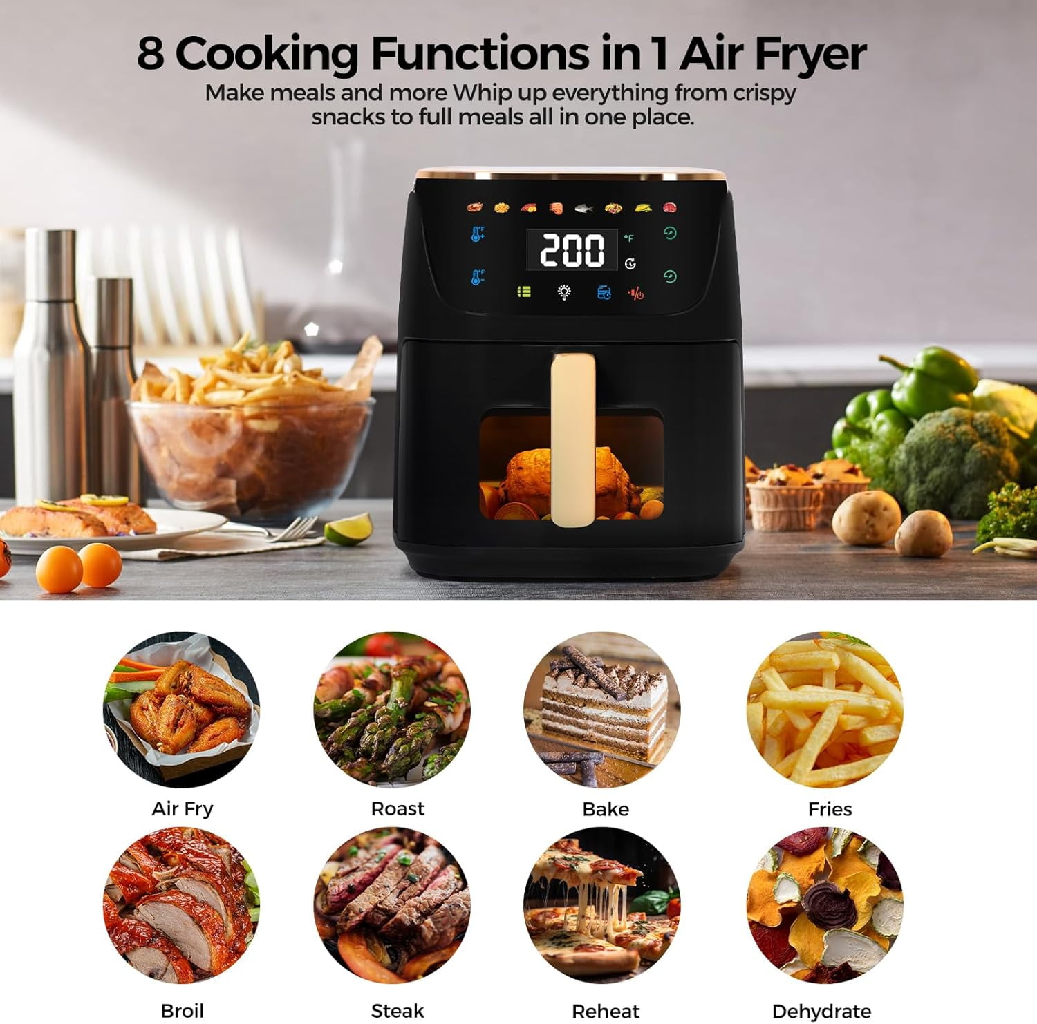 8QT Air Fryer with Visible Window, 1500W Oilless Healthy Cooker with 8 Presets for Quick Family Meals