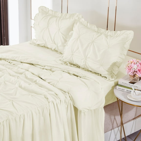 Mallen Home Pintuck Ruffle; Off-White Solid Print Polyester Skirt Bed Skirt, Queen