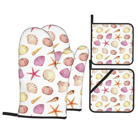 

Oven Mitts and Pot Holders Sets 4 pcs Purple White Shell Conch Non-Slip Oven Gloves Potholders Soft Quilted Lining Heat Resistant Gloves Hot Pads for Kitchen Cooking Baking