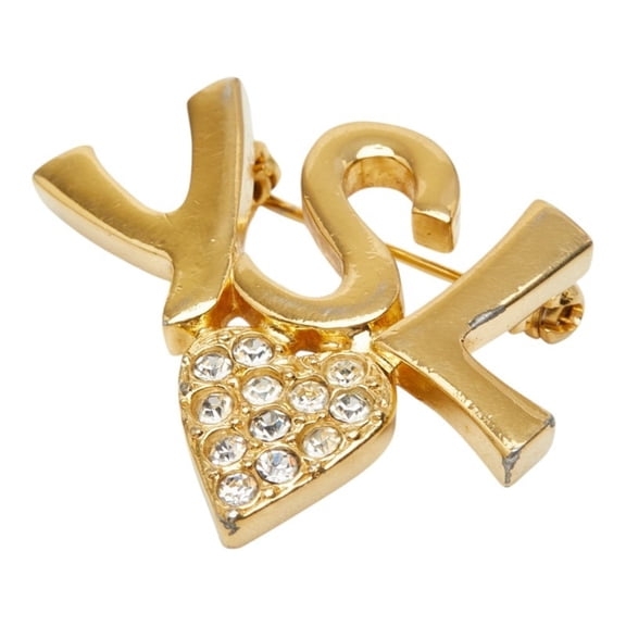 Pre-Owned Yves Saint Laurent Saint Laurent Logo Heart Brooch, Gold Rhinestone Plated, Women's.