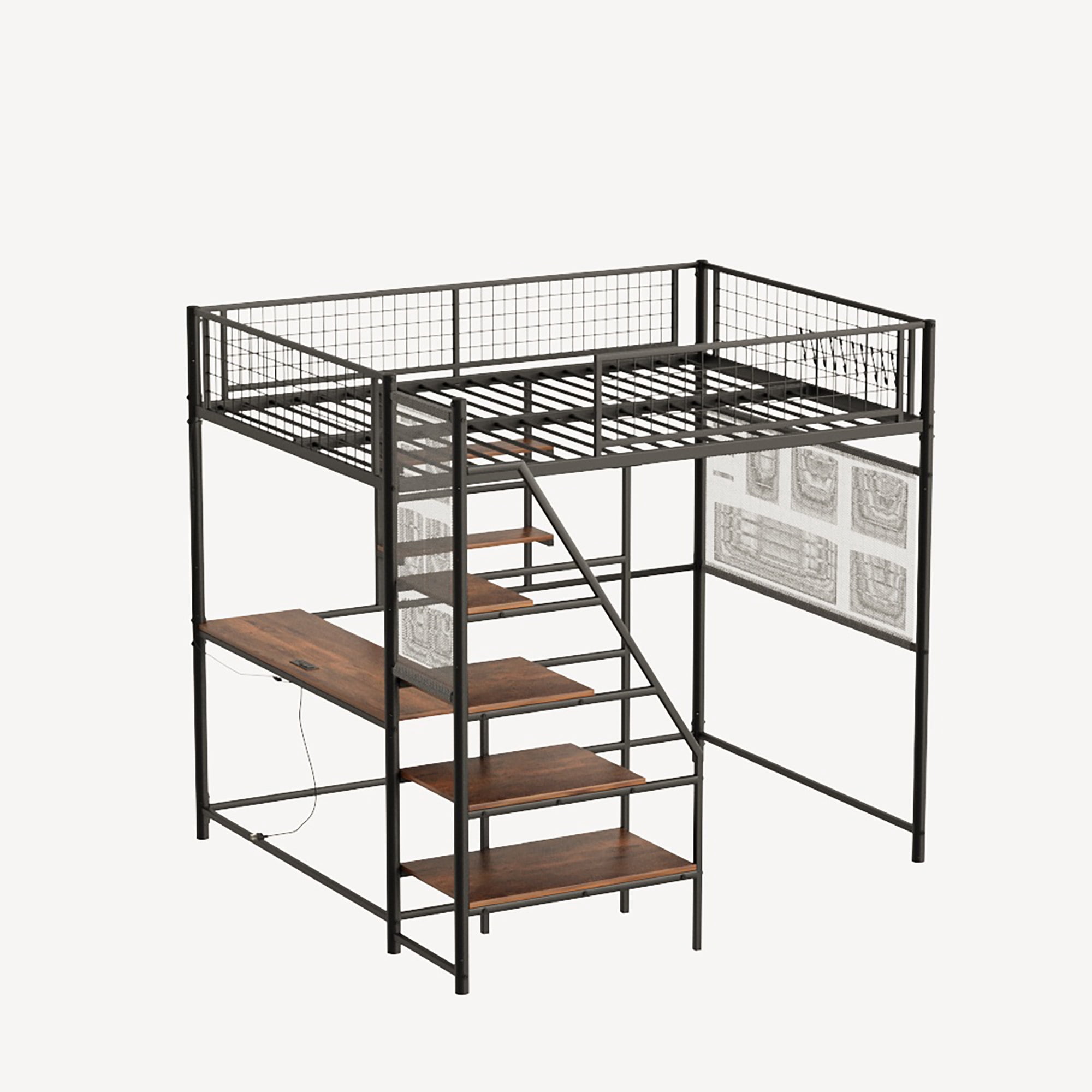 Leumius Full Size Loft Bed with Desk and Storage Stairs,Heavy Duty Metal Bed Frame with LED Lights and Charging Station,Nosie-Free,No Spring Box Needed,Black
