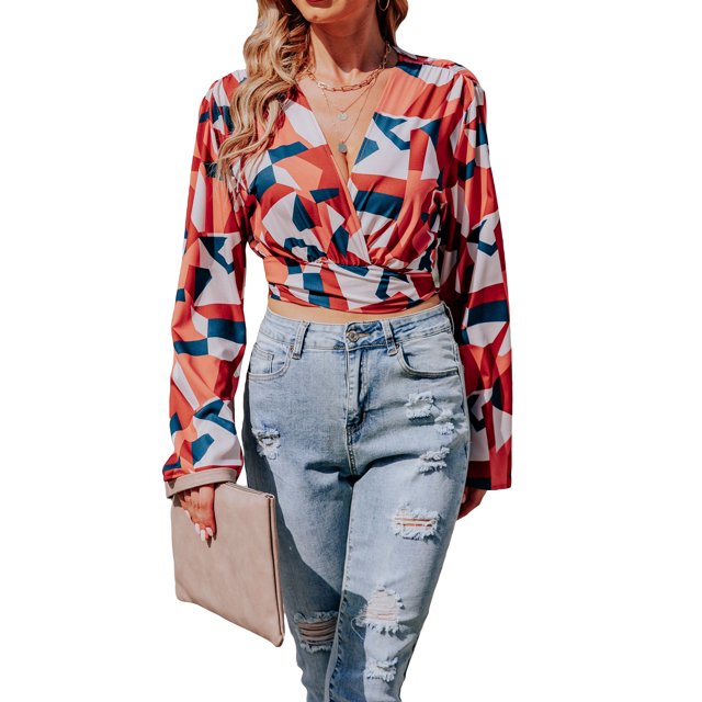 TRKIYQC Blusas de Manga Larga para Mujer, Floral/Geometría/Blusa de Cuello en V con Estampado de Leopardo, Tops Simples Elegantes Informales TRKIYQC casual
