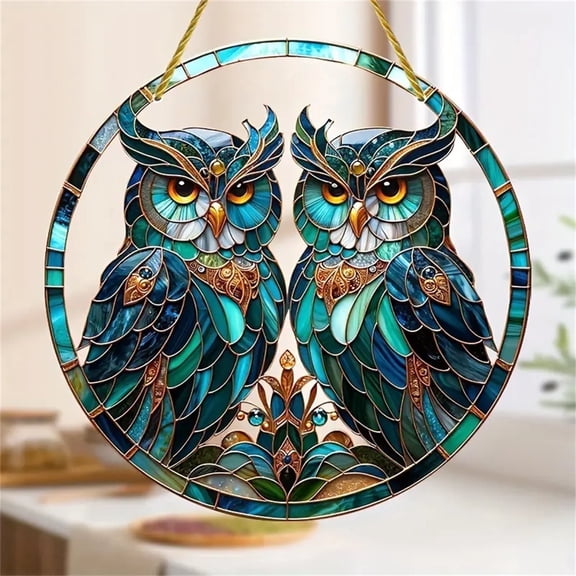 Sinkoo 8" Two Owls Suncatcher for Window Hanging, Acrylic Sun Catcher for Home Garden Ornaments, Owls Gift for Christmas Family Friends Bird Lovers