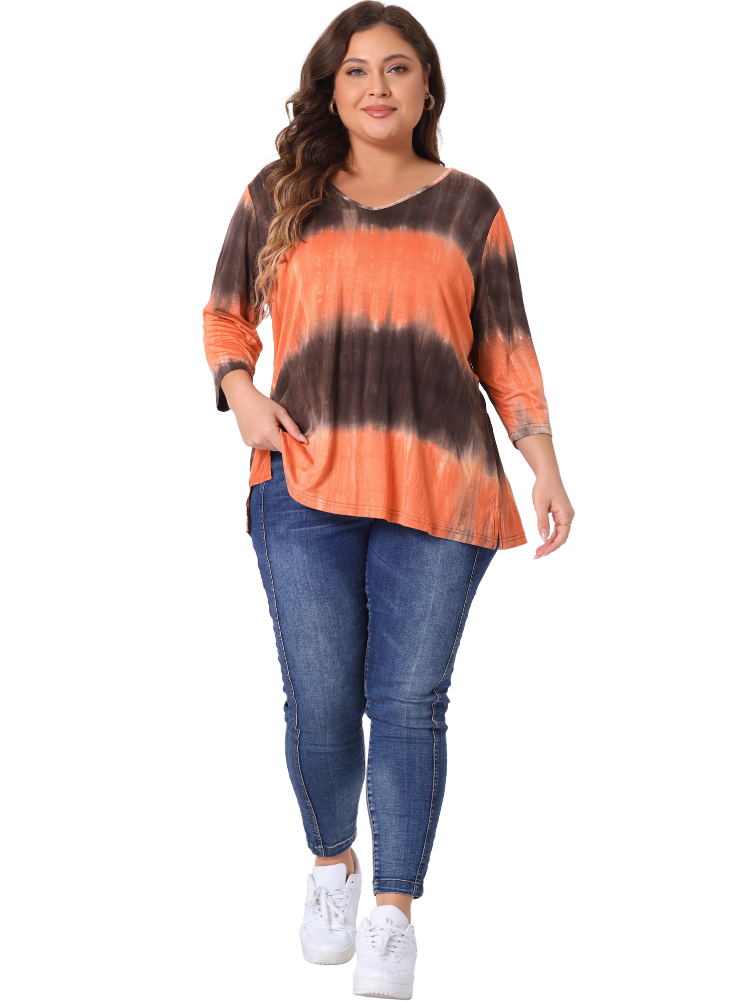 Unique Bargains Women's Plus Size V Neck 3/4 Sleeve Striped Tie Dye Blouse 4X Orange