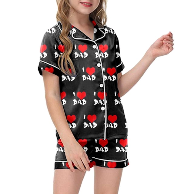 Luvoko Tween Children DIY Anniversary Print Pajama Set Short Sleeve Button Up Top And Shorts