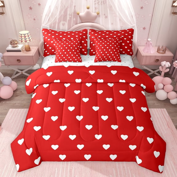 jejeloiu Romantic Heart Print 7-Piece Twin Bedding Sets,Happy Valentine'S Day Bedding Comforter Set,Kawaii Loves Pattern Sheet Sets For Girls Teens,Luxury Bedroom Decor Reversible