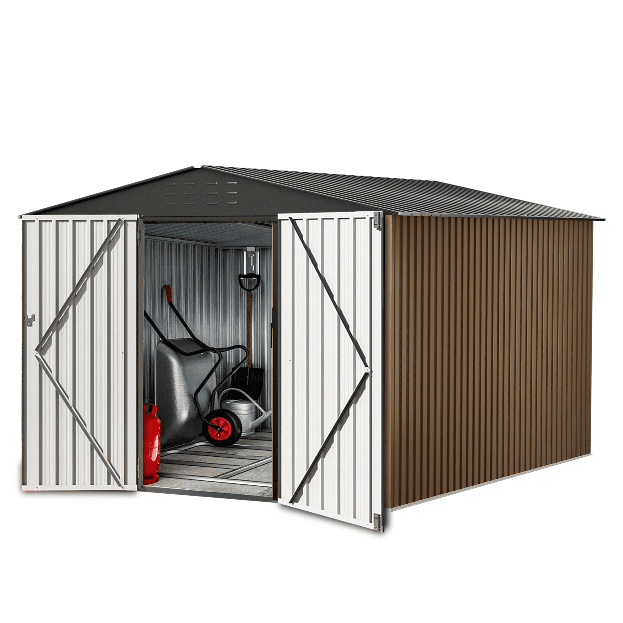 COZONY 10*10ft Galvanized Steel Storage Shed, Waterproof Utility Shed with Lockable Door & Vents for Lawn Mower Bike Tools,Brown