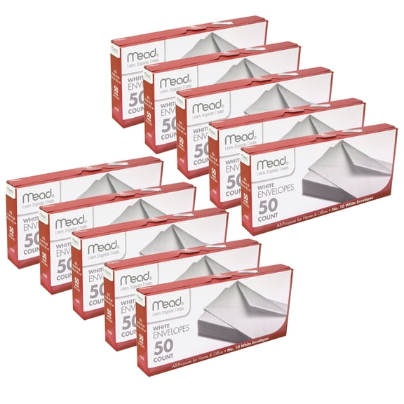 Mead White Gummed Business Envelopes, 4 1/8 x 9 1/250#10, 50 Per Pack, 10 Packs