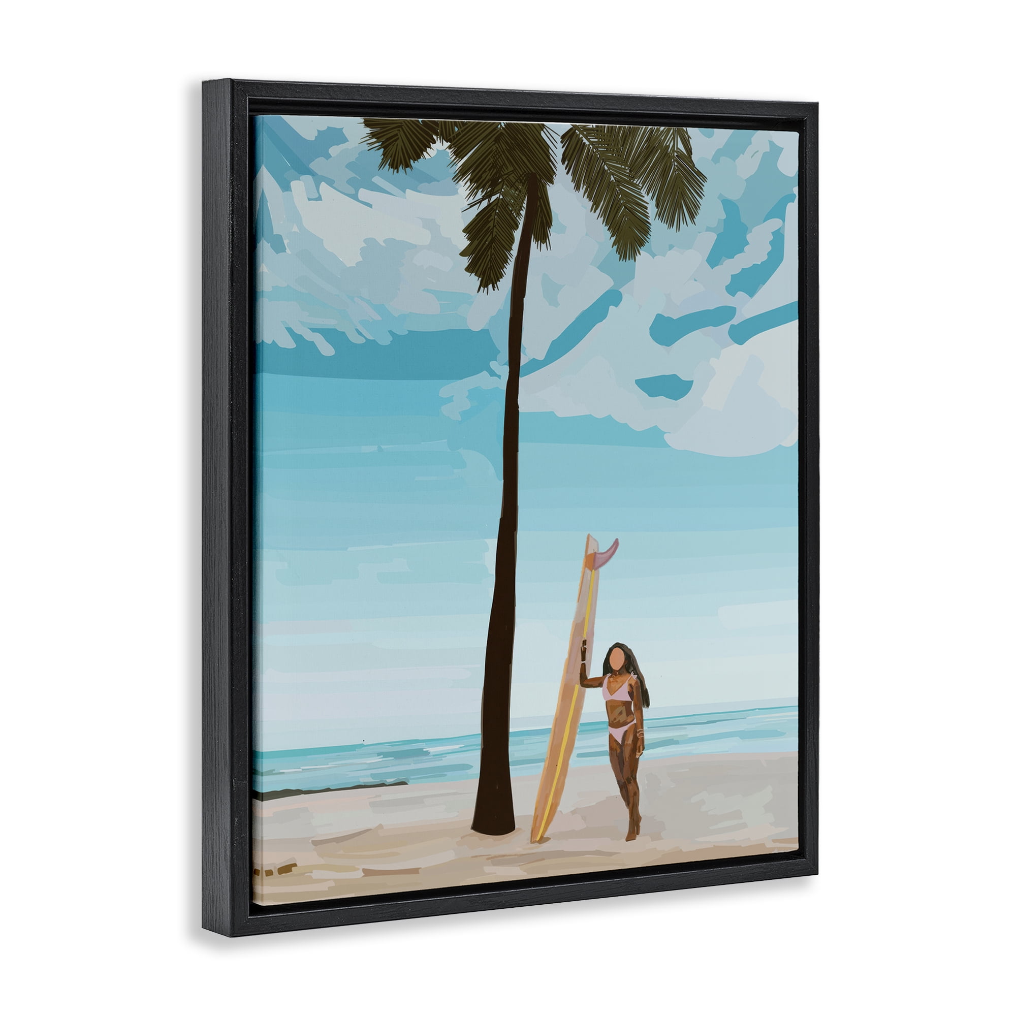 Stupell Industries Tropical Beach Day Girl Nautical & Beach Painting Black Floater Framed Canvas Art Print Wall Art, 25 x 31