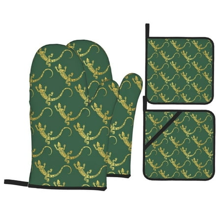 

Oven Mitts and Pot Holders Sets 4 pcs Green Cute Lizard Non-Slip Oven Gloves Potholders Soft Quilted Lining Heat Resistant Gloves Hot Pads for Kitchen Cooking Baking