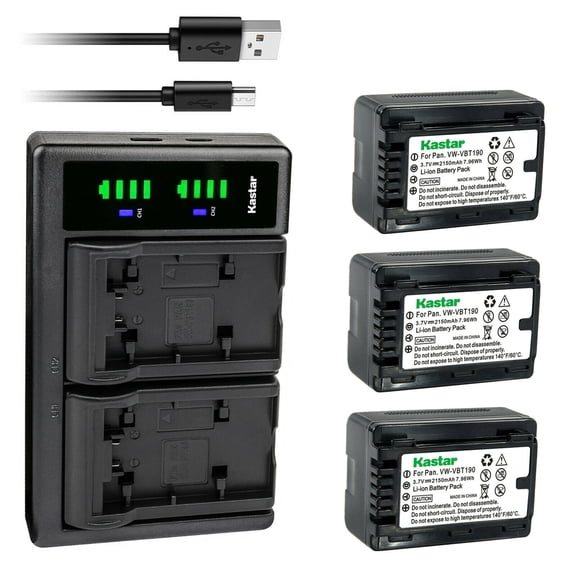 Kastar 3-Pack VW-VBT190 Battery and LTD2 USB Charger Compatible with Panasonic VXF-999 HC-250EB HC-550EB HC-727EB HC-750EB HC-770EB HC-989 HC-V110 HC-V110GK HC-V110MGK HC-V110K HC-V130 Camera