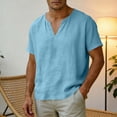 thumbnail image 3 of Klisyaur Men's Cotton Linen Shirt Short Sleeve V Neck Casual Lightweight Breathable Tee for Summer Beach, 3 of 5