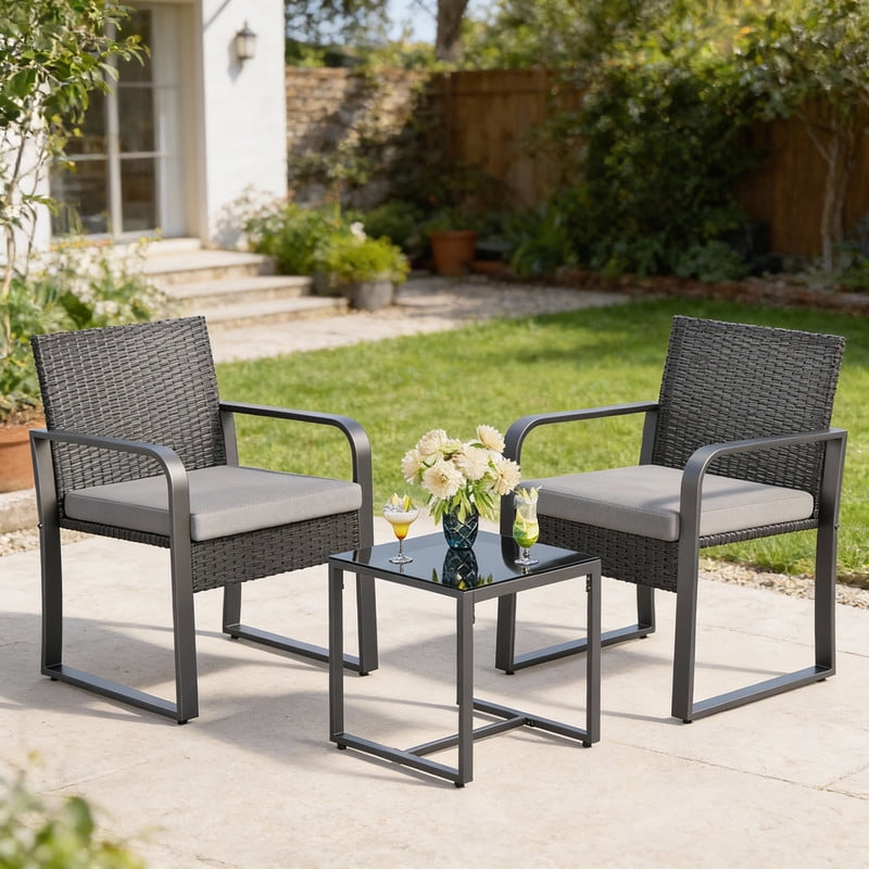 3 PCS Wicker Patio Set, Wicker Rattan Chairs and Tempered Glass Table, for Porch, Balcony, Backyard- Includes Gray Cushions
