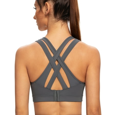 AGONVIN Women s High Impact Plus Size Large Bust Sexy Strappy Back Padded Sports Bra Iron Gray XX-Large