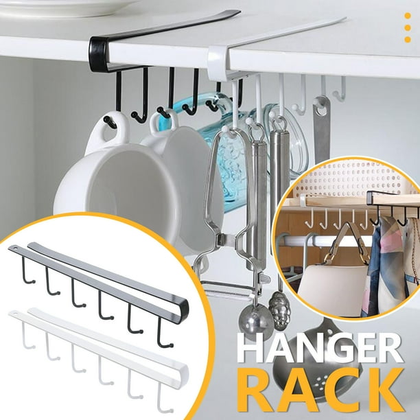 Soporte para colgadores bajo el armario con 6 ganchos • Blanco o negro • Organizador de acero para toallas de cocina y utensilios • 10,63" x 2,95"