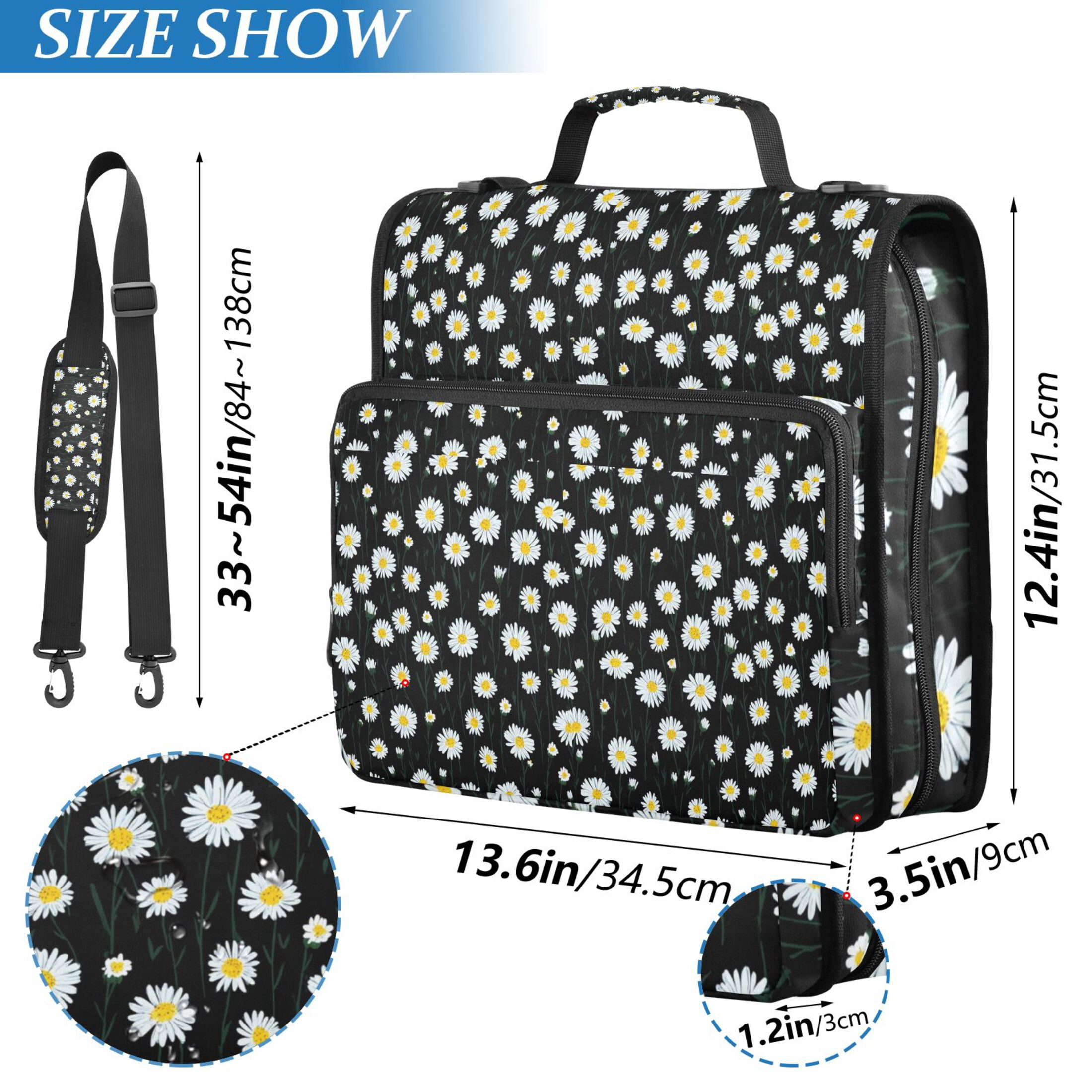 Zipper Binder Daisy Black Background 1.5 Inch Binder Folder Bag with Shoulder Strap and Handle