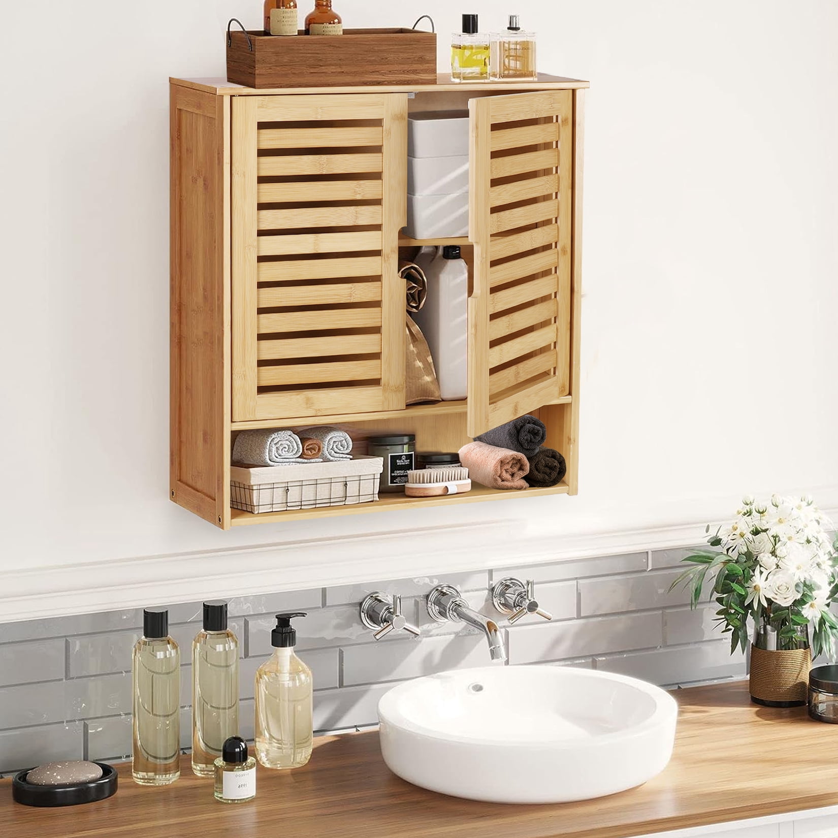 LUVODI Bamboo Bathroom Wall Cabinet Wall Mount Medicine Cabinet Storage Organizer with 3 Tier Adjustable Shelf