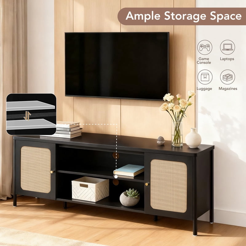 Spruce & Spring 62-inch Media Console with Boho Rattan Weaving for Living Room