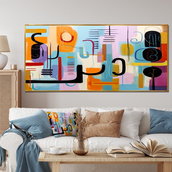 Designart "Midcentury Funny Collage Geometric Delight IV" Extra Large Abstract Framed Wall Art - Modern Colorful Abstract Geometric Bedroom Framed Canvas Wall Art