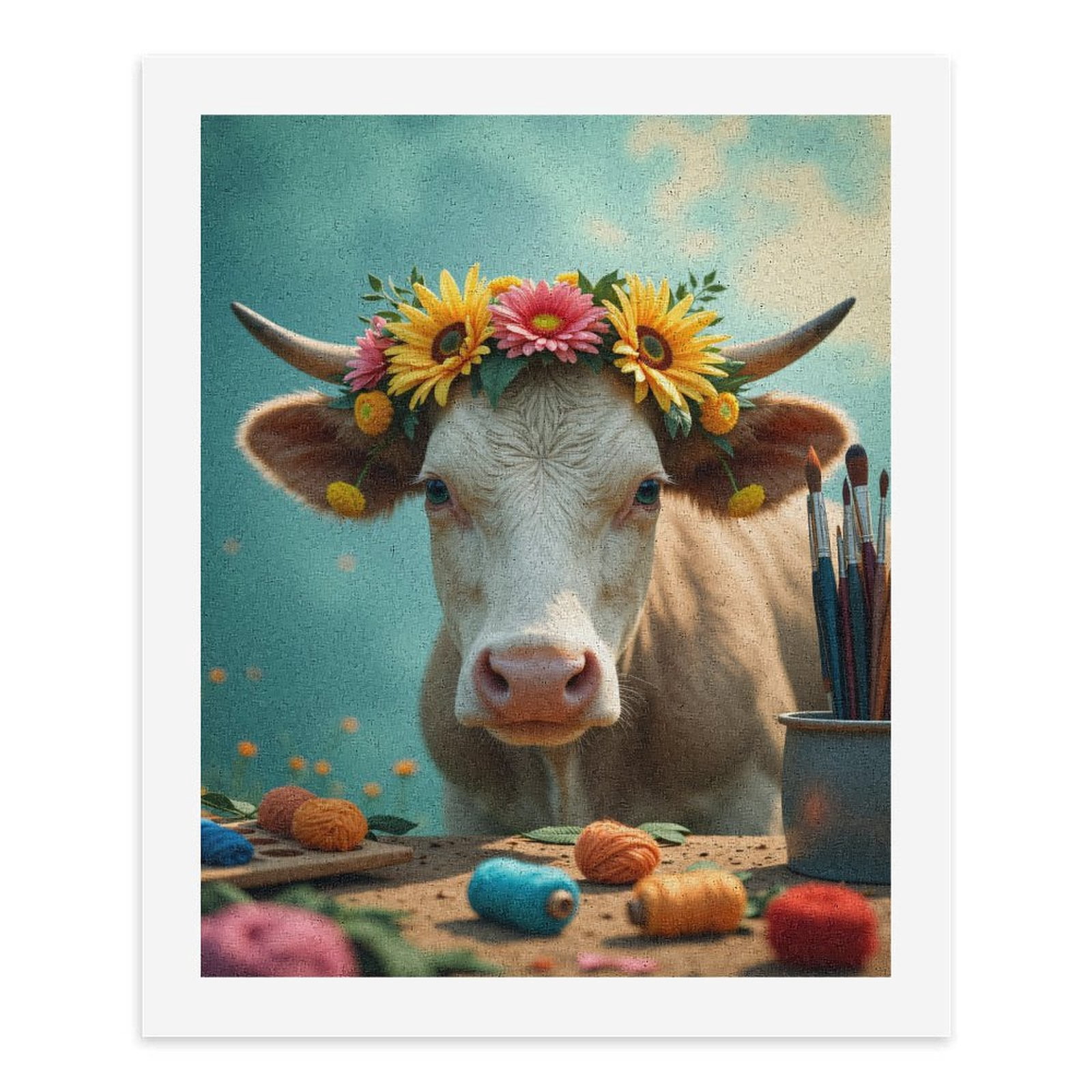 Paint By Numbers Kit for Adults Beginner - DIY Cow Flower Crown Art Supplies Canvas Painting Kits for Adults, Frameless Paint By Number for Adults for Home Wall Decor 16x20 Inch