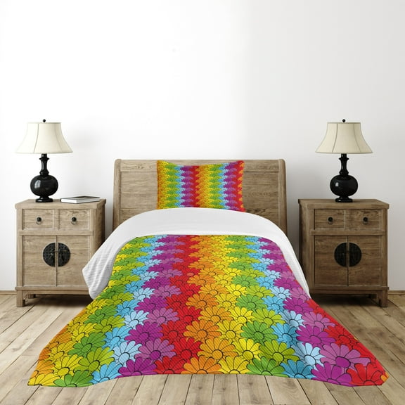 Ambesonne Floral Quilted Bedspread Set 2 Pcs, Rainbow Colored Flowers, Twin Size, Multicolor