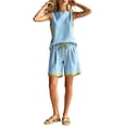 thumbnail image 7 of Cagogo Women Plus Size 2 Piece Shorts Set Casual Summer Vacation Outfits Loose Sleeveless Round Neck Tops Shorts Matching Lounge Sets Boho Cruise Travel Clothes, Light Blue 3XL, 7 of 7