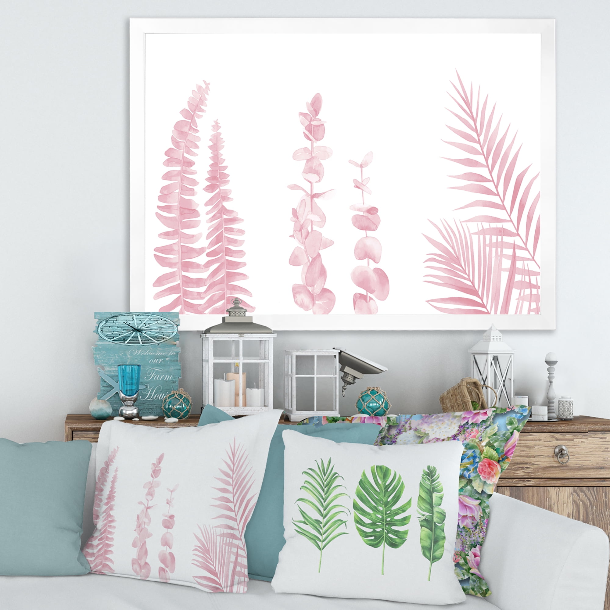 Designart 'Palm Branches and Blush Pinkeucalyptus' Shabby Chic Framed Art Print