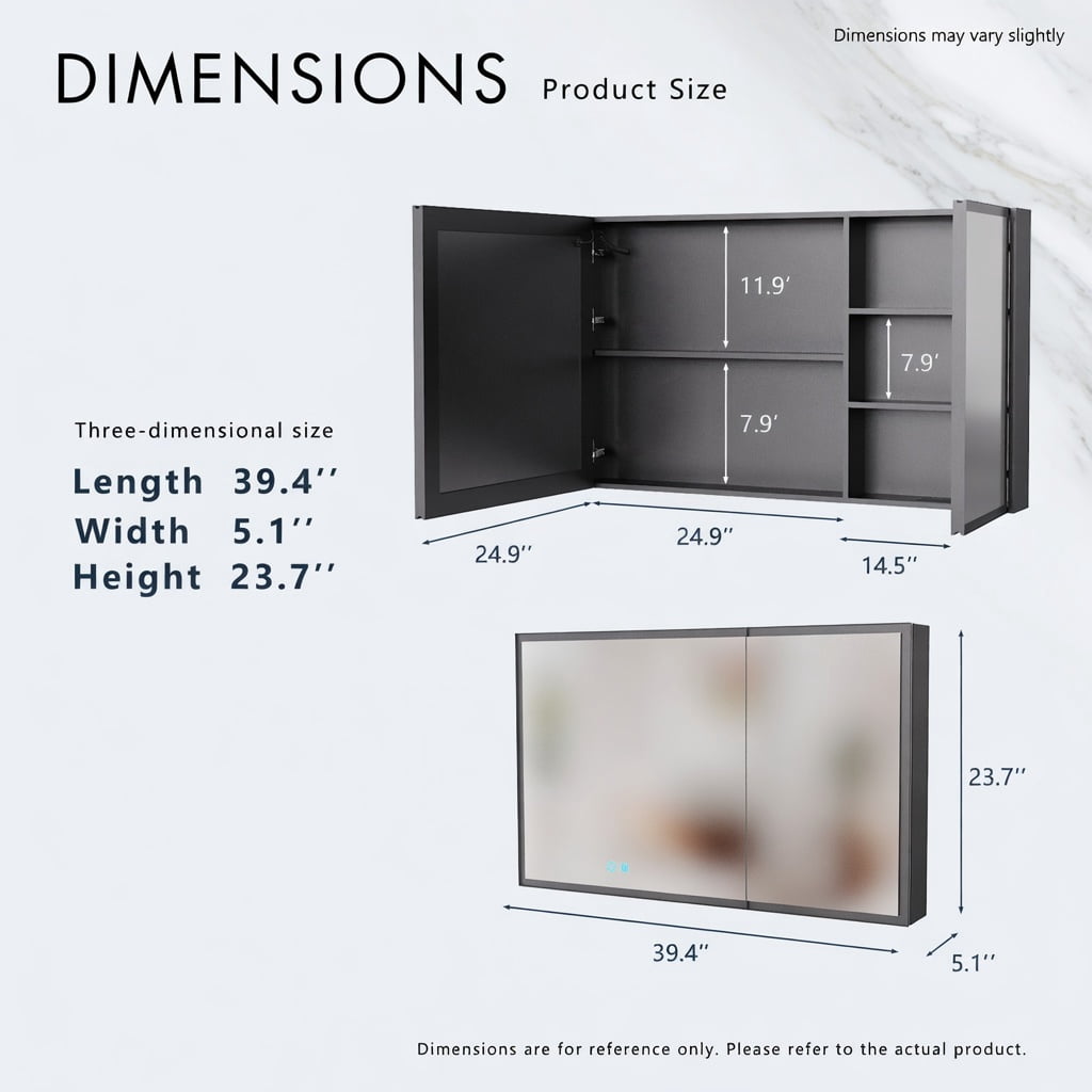 Hommoo Modern LED Bathroom Medicine Cabinet with Anti-Fog Mirror & Soft White Lighting, Wall-Mounted Aluminum Two-Door Storage Mirror, Black
