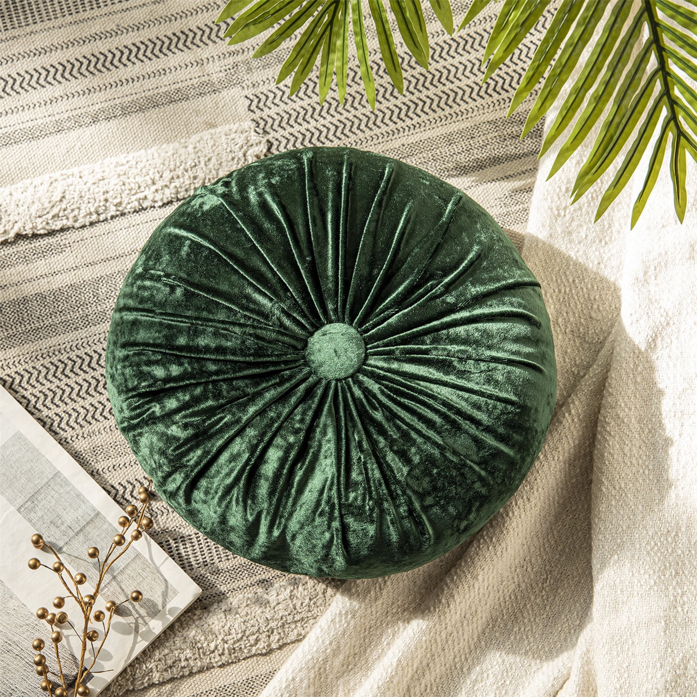 Phantoscope Crushed Velvet Pleated Round Pumpkin Floor Pillow Series Decorative Throw Pillow, 16" x 16" Round, Dark Green, 1 Pack