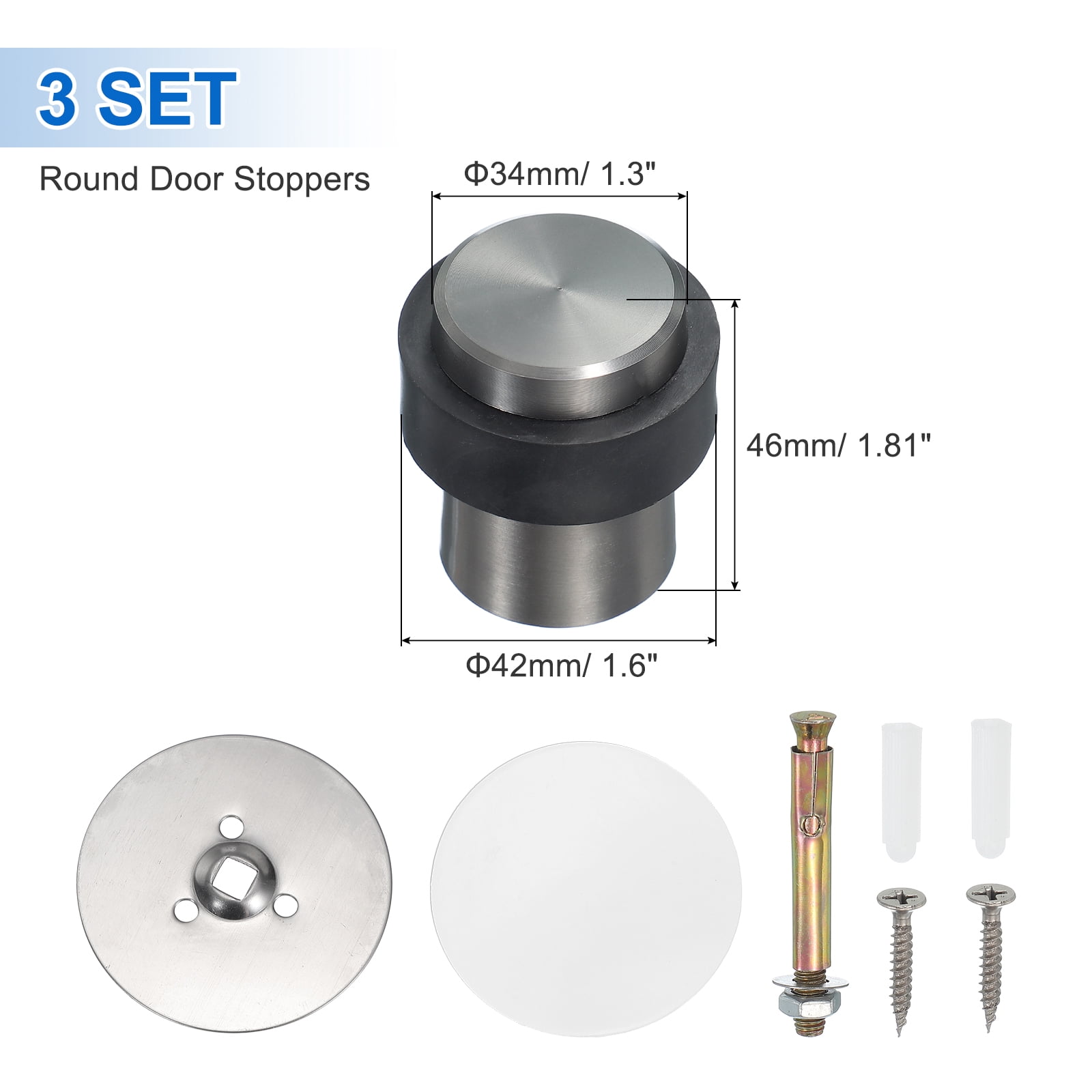 3Set Round Door Stoppers, 46mm Stainless Steel Door Stop Doorstop Wedge Metal Cylinder Self Adhesive with Screw for Bottom of Door Floor Inside, Gray
