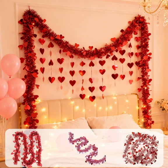 Msgweeeg Valentine's Day Decor Heart Shaped Ribbon Garland with Vines Valentine Decoration Hanging Ribbon Heart Banners Ivy Vine Garland for Wedding Party Valentine's Day Anniversary
