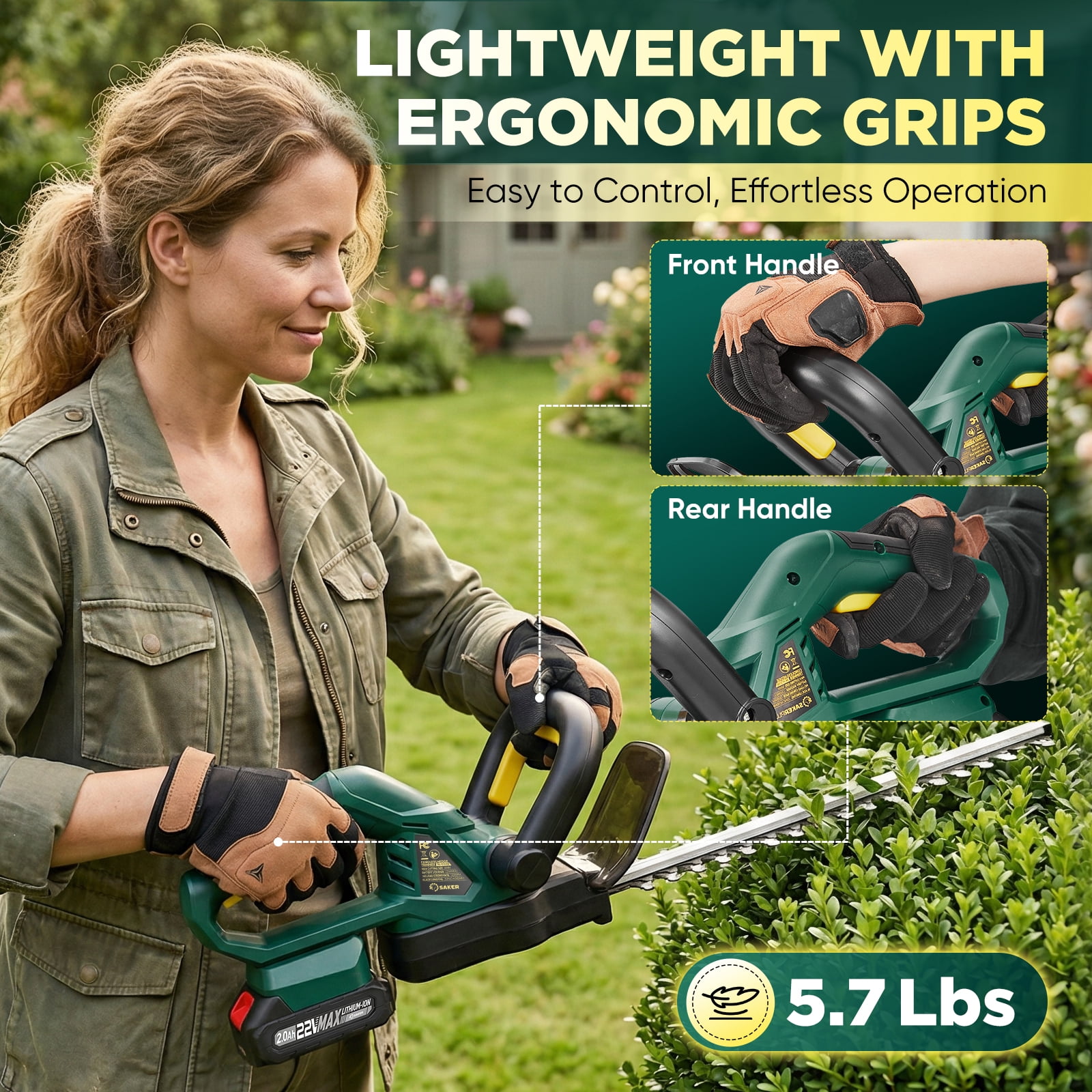 Saker 22V Cordless Hedge Trimmer, 20-Inch Handheld Electric Trimmers with Dual-Action Blades, 2x 2000mAh Batteries for Shrubs & Trees