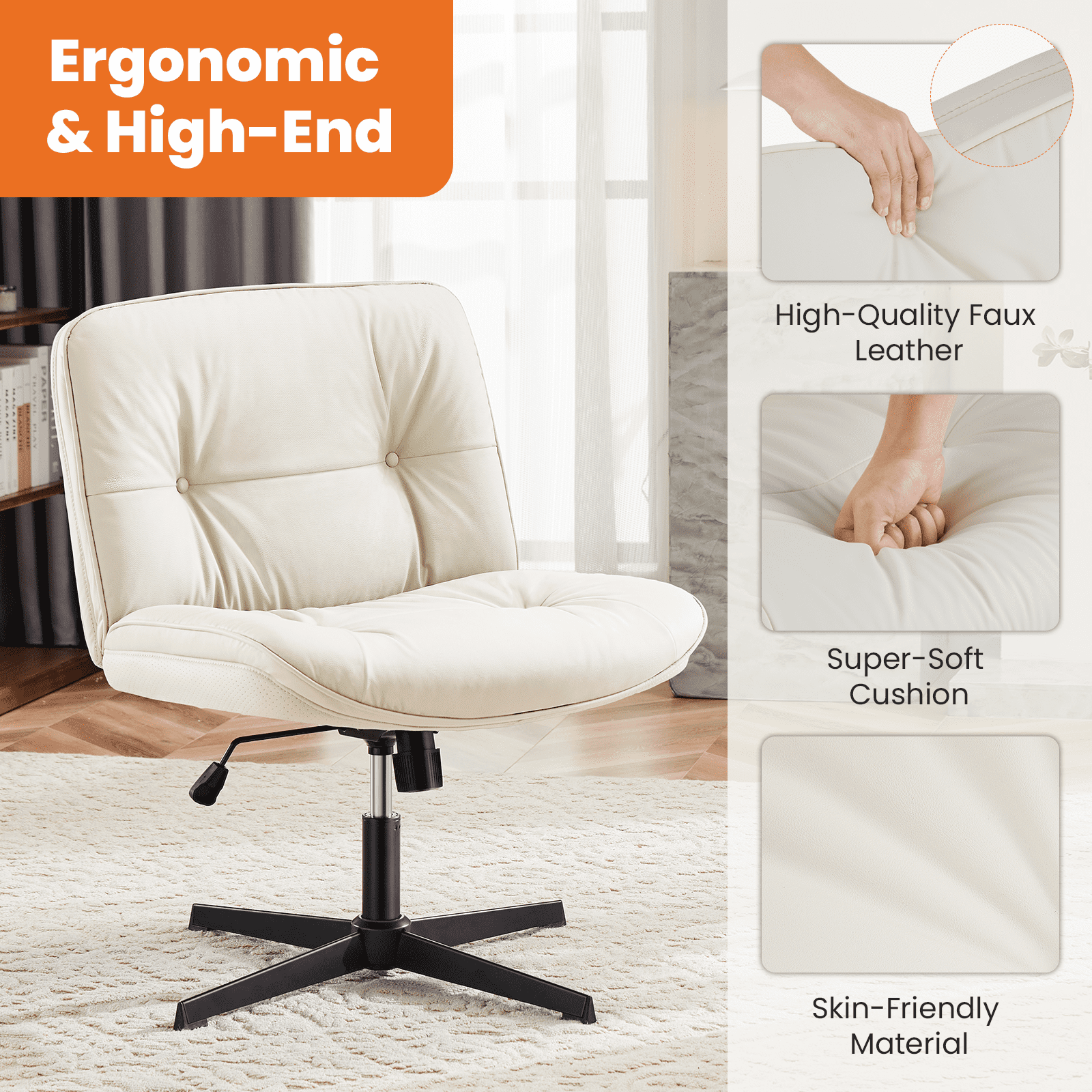 MAYEERTY Criss Cross Legged Chair, Armless Office Desk Wide Seat No Wheels, Swivel Height Adjustable Comfy