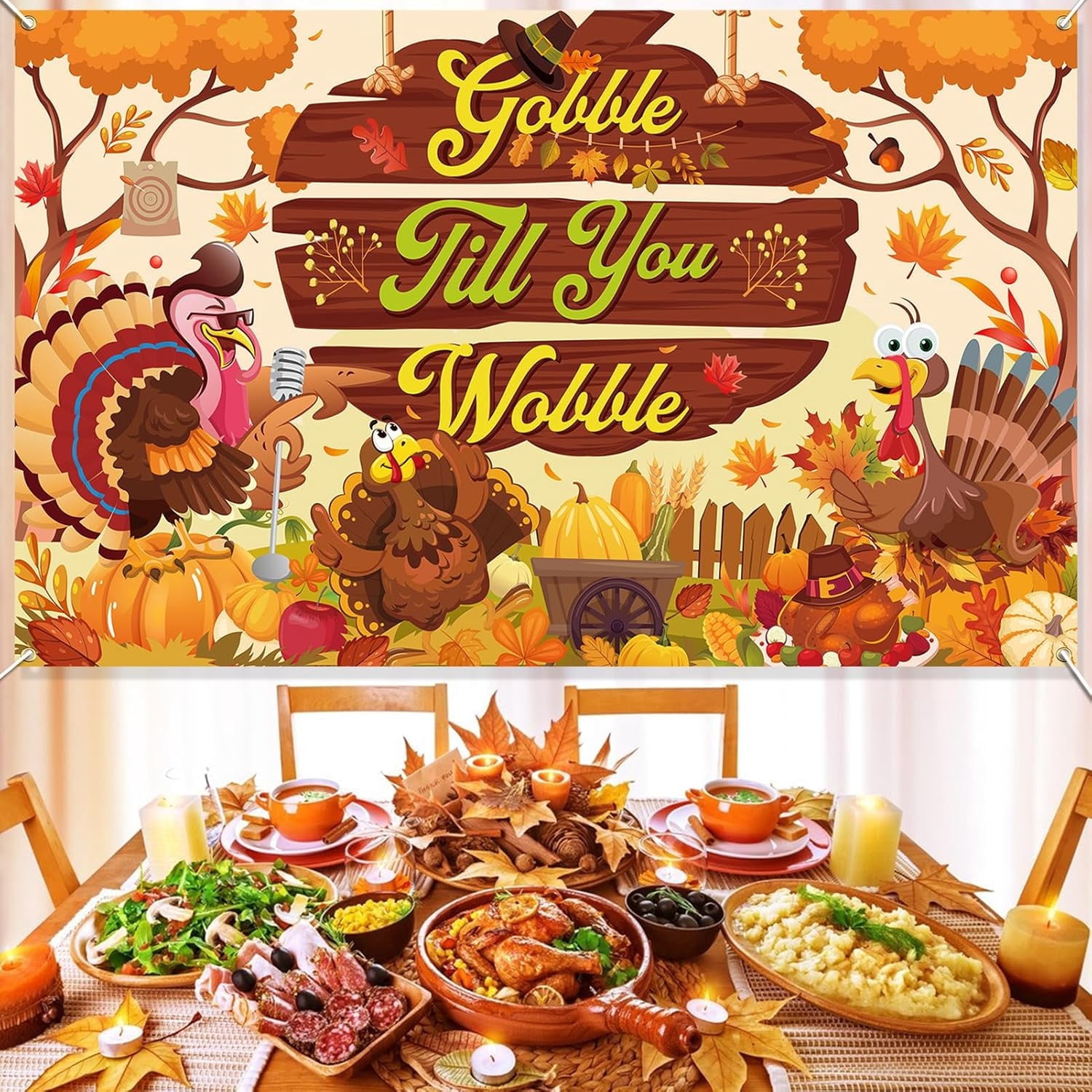Thanksgiving Banner Mit Truthähnen – "Gobble Til You Wobble", Ca. 2 M, Mit Wirbeln, Für Drinnen & Draußen