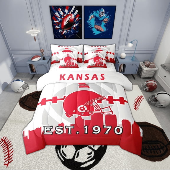 Erosebridal 7 Pcs Comforter Set Twin Size,Sports Bed in a Bag with Flat Sheet and Fitted Sheet and Adults,Football Bedding Set with Pillowcase and Sham(Kansas)