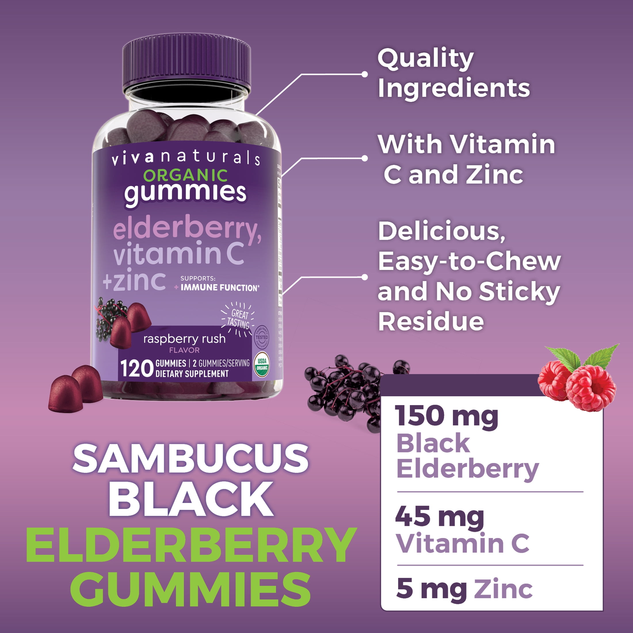 Viva Naturals Organic Elderberry, Vitamin C + Zinc Gummies, Raspberry Rush Flavor, 120 Gummies