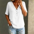 thumbnail image 6 of LIZUOJUN Women's Mid sleeve T-shirt Casual Button Down Washed Cotton LinenMiddle Length Sleeve Tops Casual Button Round Neck Loose Summer Top T Shirt,White L, 6 of 6