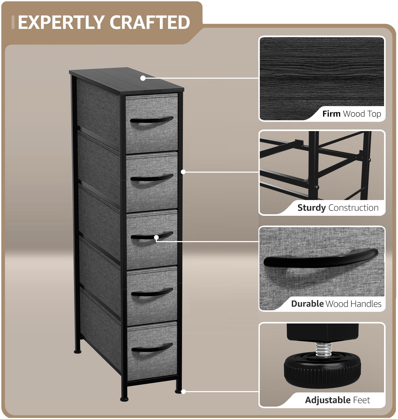 Sorbus 5-Drawer Narrow Dresser, Slim Storage Chest with Fabric Drawers, Black