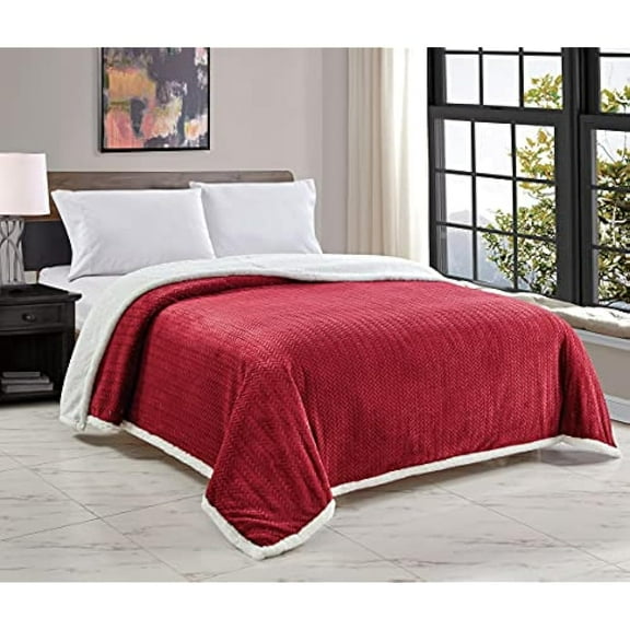 Décor&More HomeEssentials Extra Heavy and Plush Chevron Braided King Size Microplush Jacquard Blanket with Sherpa Backing (108" x 90") - Burgundy