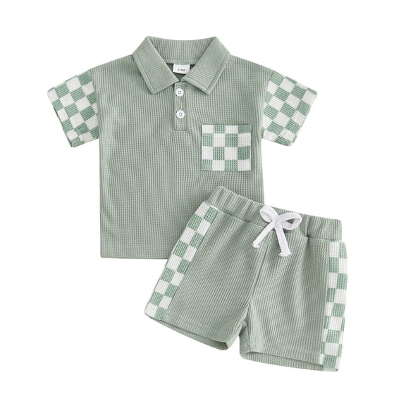 Akiihool Baby Boy Short Sets Baby Boys Summer Clothes Striped Boy Waffle Short Sleeve T-shirt Tops Shorts Set 6 12 18 24 Months Outfits(Green,12-18 Months)