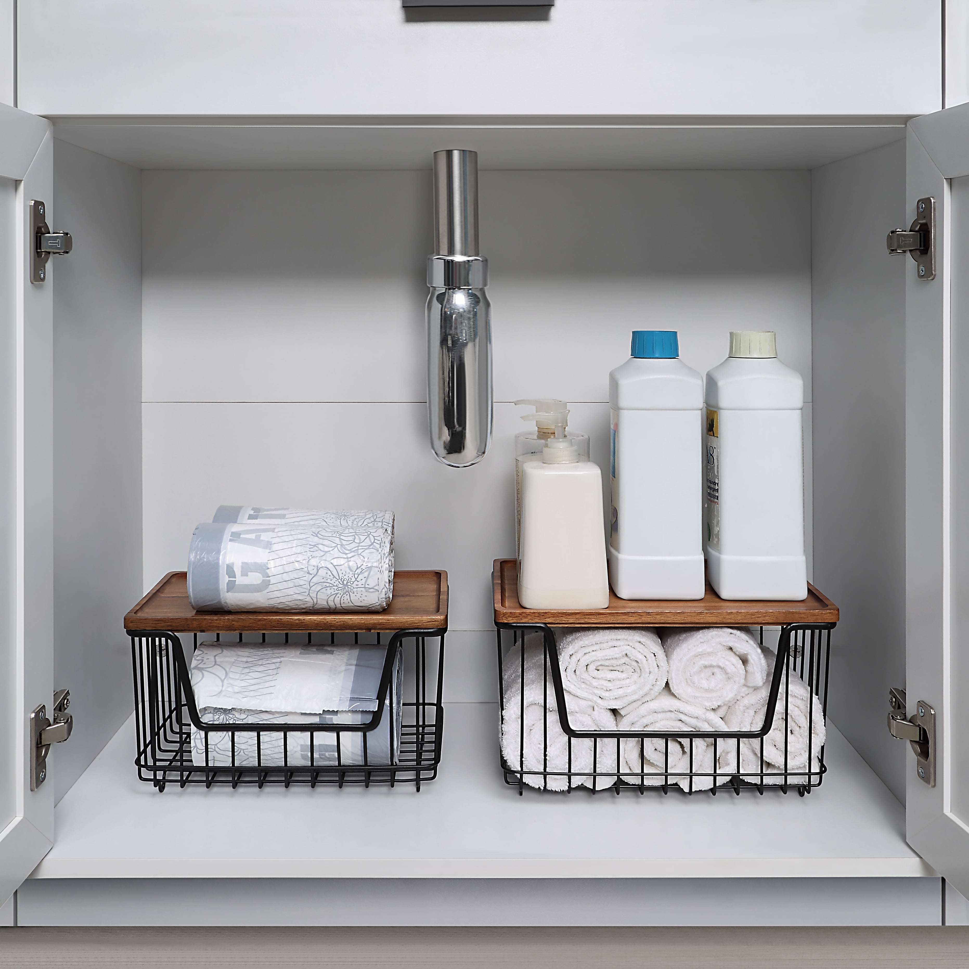 SunnyPoint 2-Pack Stackable Wire Storage Baskets with Acacia Wood Top – Kitchen, Pantry & Laundry Room Organizers (Acacia Wood Top with Black wires)